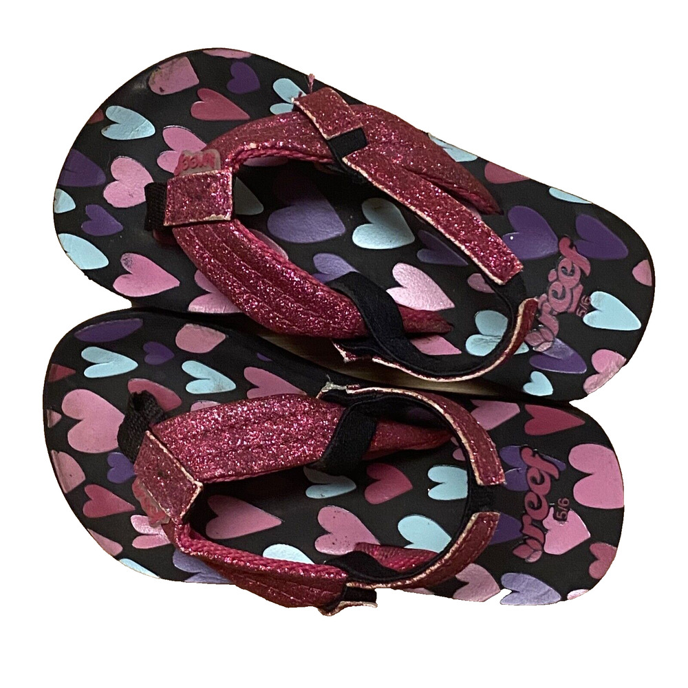 Reef Toddler Girls Sz 5/6 LITTLE AHI Sandals Flip Flop Hearts BEACH 6" Long